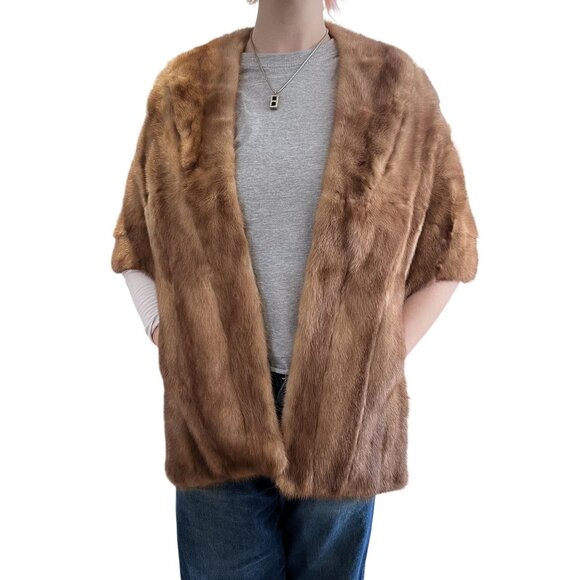 Vintage 1960s Genuine Mink Fur Stole W Side Pockets & Open Drape Front Design - Picture 1 of 9